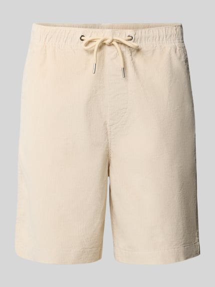 Produktfoto, Regular Fit Sweatshorts aus Baumwoll-Mix von SELECTED HOMME in Beige, unifarbener Cord, elastischer Bund mit Tunnelzug, Gesäß- und Seitentaschen