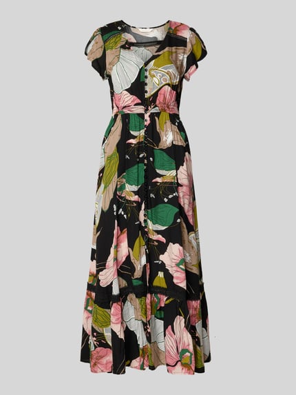 Produktfoto, maxi-jurk uit zuiver viscose met V-hals, getailleerd model, volants, steekzakken, Apricot, bloemenprint, ruglengte maat S 130 cm, borstwijdte 43 cm, mouwlengte 11 cm