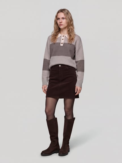 Frauenmodel trägt Cordrock mit Label-Detail von S.OLIVER CASUAL in Dunkelbraun, unifarben, Strukturmuster, Ganzkörperansicht von vorne.