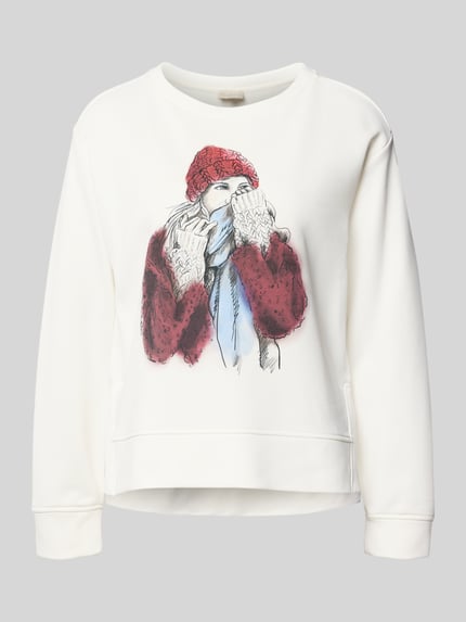 Produktfoto, Sweatshirt mit Motiv-Print und Rundhalsausschnitt von Milano Italy, biały materiał, kolorowy nadruk, bawełniana mieszanka, regular fit.