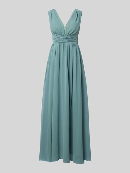 Produktfoto, Maxikleid mit Taillenband und Drapierungen von TROYDEN COLLECTION aus Chiffon in sanftem Blau, taillierter Schnitt, V-Ausschnitt