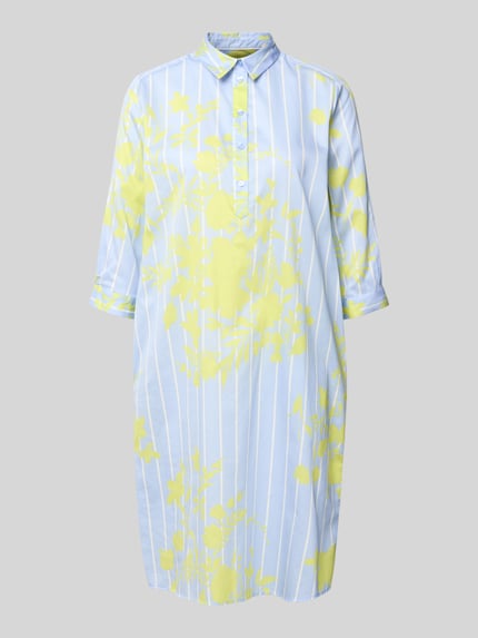 Produktfoto, Knielanges Hemdblusenkleid mit kurzer Knopfleiste von Milano Italy aus Reine Baumwolle im Gerader-Schnitt, Knielänge, Hemdblusenkragen, 1/2-Arm, Rückenlänge 99 cm, Brustweite 51 cm, Ärmellänge 42 cm, Muster in Hellblau-Weiß mit gelbem Blumenprint, glatte Oberfläche