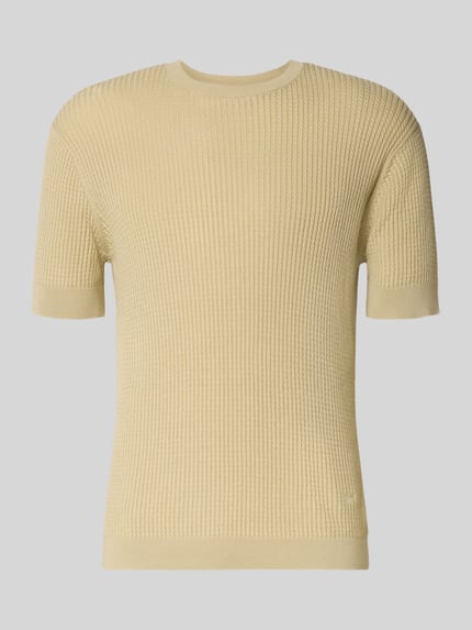 Produktfoto, Slim Fit T-Shirt mit Seiden-Anteil in Strick-Optik von Emporio Armani in Beige, Feinstrickstruktur, elastische Abschlüsse, Kurzarm