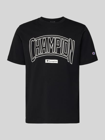 Produktfoto, T-shirt met logo en ronde hals van CHAMPION, puur katoen, regular fit, labelstitching, ruglengte maat M 70 cm, zwart