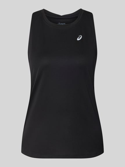 Productfoto, zwart tanktop met ronde hals, regular fit, reflecterende logoprint, model 'CORE' van ASICS TIGER, ruglengte maat S 62 cm