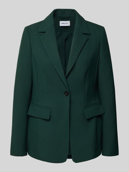 Productfoto, Slim Fit Blazer mit Pattentaschen van MORE & MORE in donkergroen met reverskraag, knoopsluiting en klepzakken, gladde textuur, dames blazer met ruglengte 65 cm, borstwijdte 44 cm, mouwlengte 64 cm