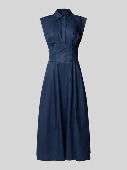 Produktfoto, granatowe Midikleid mit verdeckter Knopfleiste Modell 'CHERRY' von Guess, czysta bawełna, krój slim fit, kołnierzyk koszulowy, kappärmel, gładka faktura, długość tyłu w rozmiarze S: 32 cm, szerokość w rozmiarze S: 36 cm