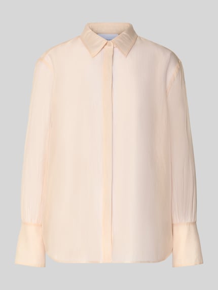 Produktfoto, Organza-Bluse mit großen Manschetten - curated by Vicky Heiler od SIC, półprzezroczysty design, krój regular fit, kołnierzyk koszulowy, zapięcie na guziki, długie rękawy, obszyte mankiety, długość tyłu w rozmiarze 36: 66 cm, długość rękawa w rozmiarze 36: 58 cm, jasny kolor, gładka faktura