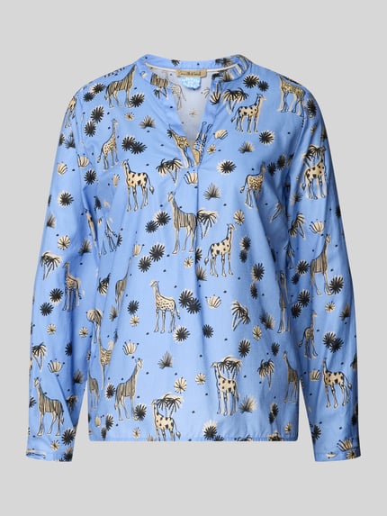 Productfoto, Regular Fit Bluse mit Allover-Motiv-Print Modell 'Vince' van Smith and Soul, blauwe katoen met dierenmotief, lange mouw, tuniekhals, ruglengte 66 cm, mouwlengte 61 cm