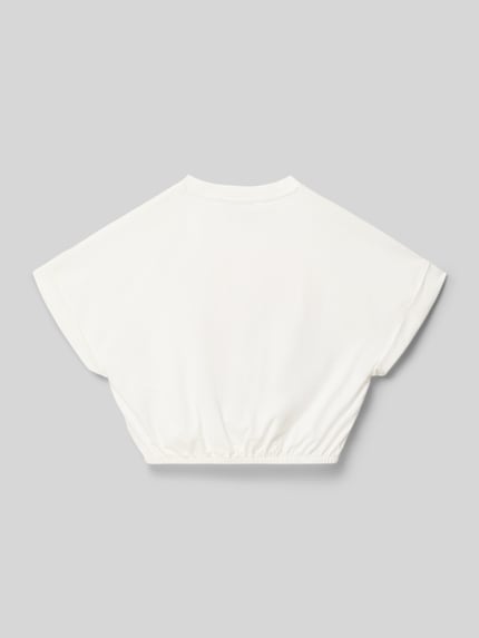 Produktfoto, T-Shirt mit Motiv-Print und elastischem Saum von Garcia, Kinder T-Shirt aus Reine Baumwolle, Loose-Fit, Ärmel mit Aufschlag, Rückenlänge 41 cm bei Größe 140, schlichtes Weiß mit weicher Textur.