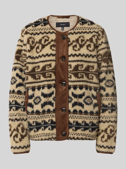 Produktfoto, Regular Fit Teddyjacke mit ronde hals model 'LINDAU' van VERO MODA, Dames Teddy- / Webpelzjacke, beige en bruin met etnisch patroon, zachte textuur