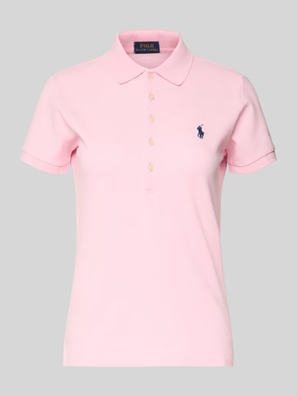 Produktfoto, lichtroze Slim Fit Poloshirt met Logo-Stitching model 'JULIE' van Polo Ralph Lauren, effen, polokraag, korte knoopsluiting, geribde mouwen, katoen-elastaan mix.