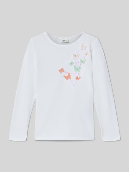 Produktfoto, Regular Fit Langarmshirt aus Baumwoll-Mix von s.Oliver RED LABEL, weiß, Schmetterlingsprint, Rundhals, Effektgarn, Webware