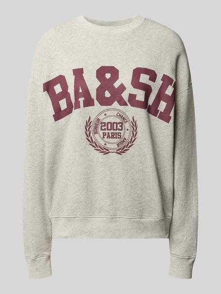 Produktfoto, lichtgrijs sweatshirt met labelprint, mix van katoen en elastaan, los model, ronde hals, Model 'BENJAMIN' van ba&sh