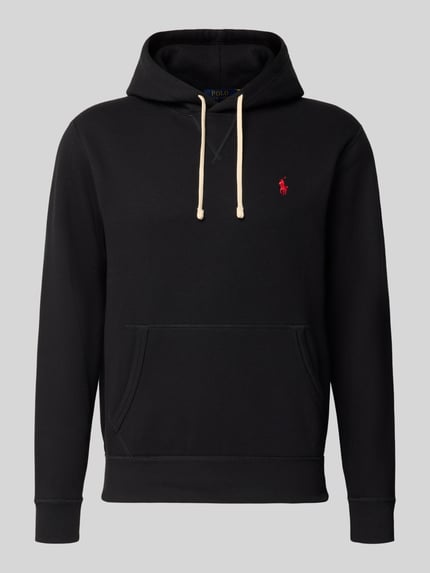 Produktfoto, czarna bluza z kapturem Regular Fit Hoodie aus Baumwoll-Mix von Polo Ralph Lauren, gładka tekstura, czerwone logo