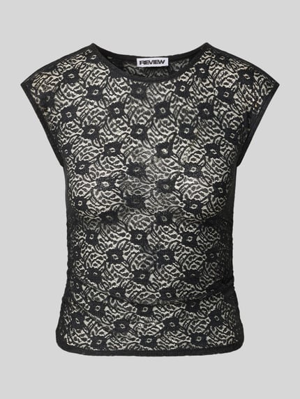 Produktfoto, T-shirt uit kant met plooien aan de zijnaad van REVIEW, zwart, nauwsluitend, elastische materiaalmix, ronde hals, textuurdetails