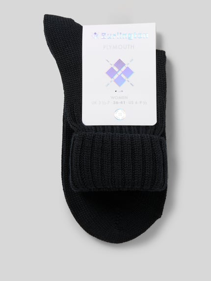 Produktfoto, czarne Socken mit Label-Detail Modell 'PLYMOUTH' von Burlington, mieszanka wełny dziewiczej, elastyczny ściągacz, widoczna struktura dzianiny