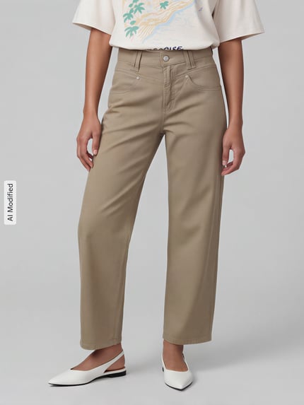 Frauenmodel trägt Regular Fit Barrel Jeans aus Baumwoll-Mix Modell 'ODELE' von CAMBIO in Beige, strukturierte Oberfläche, Damen Barrel Jeans, Nahaufnahme Oberkörper.