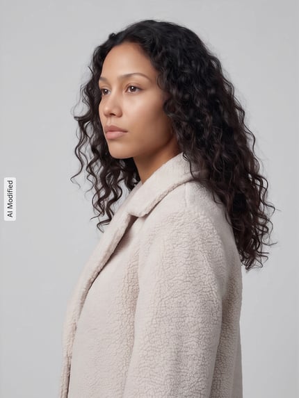Frauenmodel trägt Regular Fit Mantel mit Reverskragen von Tom Tailor in Melange-Optik, Bouclé-Textur, Nahaufnahme Oberkörper, KI-modifiziertes Bild.