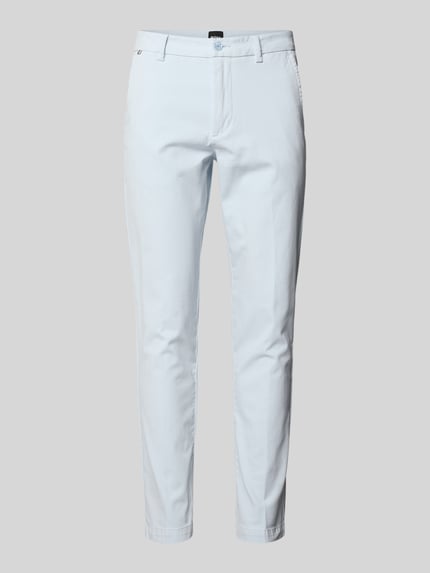 Produktfoto, Slim Fit Schmale broek uit katoenmix Model 'KAITON1' van BOSS in effen lichtblauw met twillstructuur, regular lengte, labelstitching, logodetail, riemlussen, knoop- en ritssluiting, achterzakken en zijsteekzakken.