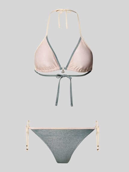 Productfoto, Bikini met gewatteerde cups en zijvetersluiting van Banana Moon, materiaal mix met stretch, model 'MUNDOIOKA GLITTERWAVE', triangel, hart hanger, label detail, bikini slip met zijvetersluiting, glanzende pastelkleuren, zachte textuur
