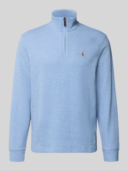 Produktfoto, lichtblauw Sweatshirt met Stehkragen van Polo Ralph Lauren, katoen, regular fit, korte ritssluiting, label-stiksel, eenvoudige textuur.