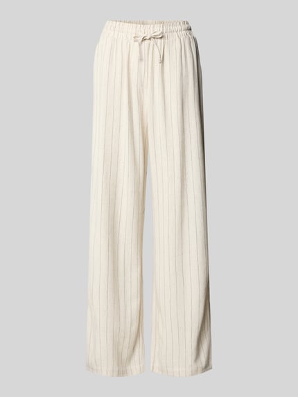 Produktfoto, Stoffhose aus Viskose-Mix mit elastischem Bund von Apricot, dames stoffen broek mix van viscose en linnen, wide leg, tunnelkoord, bandwijdte maat S 40 cm, binnenbeenlengte maat S 78 cm, lichtbeige met fijne verticale strepen, gladde textuur
