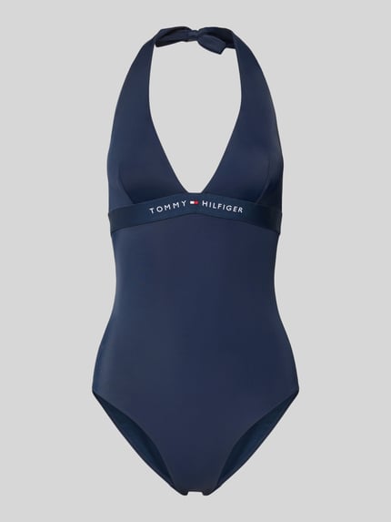 Produktfoto, Badeanzug mit Label-Print von Tommy Hilfiger, Optik: Unifarben, Trägerform: Neckholder, Materialverarbeitung: Stretch