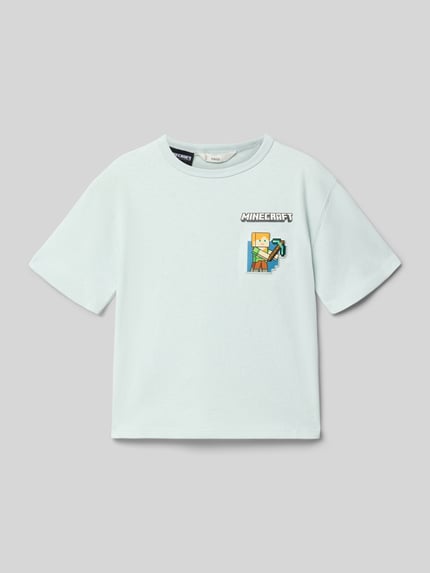 Produktfoto, T-Shirt mit Motiv-Print von Mango in hellem Mint, aus reiner Baumwolle, Regular-Fit, gerippter Rundhalsausschnitt, Rückseite 43 cm bei Größe 116, Minecraft-Motiv auf der Brust.