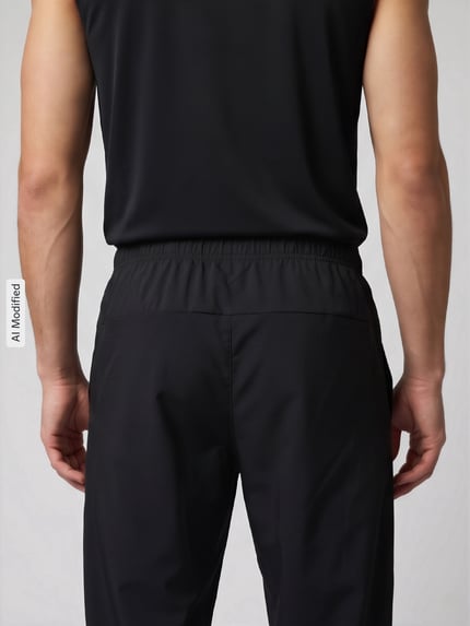 Männermodel trägt schwarze Regular Fit Trainingshose mit Logo-Print Modell 'FORM' von Nike, Herren Trainingshose, Ganzkörperansicht Rückansicht, KI-modifiziertes Bild.