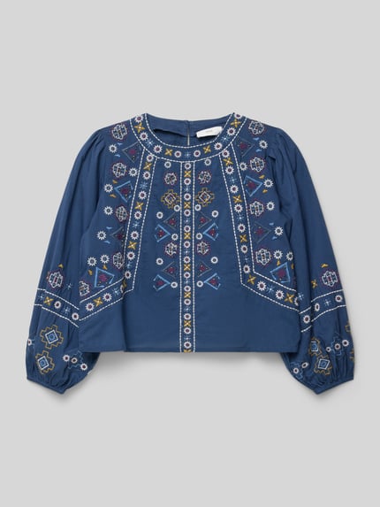 Produktfoto, blaue Kinder Bluse mit bunten Stitchings aus reiner Baumwolle, Regular Fit, Rundhalsausschnitt, Modell 'RANIA' von Mango