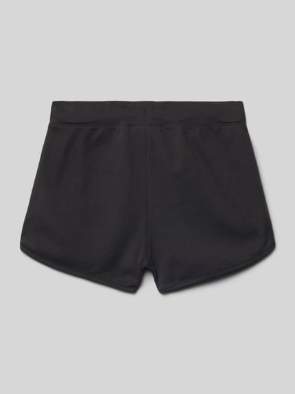 Produktfoto, Regular Fit Shorts mit elastischem Bund von CHAMPION aus reiner Baumwolle in Schwarz mit Logo-Print und Tunnelzug, glatte Textur.