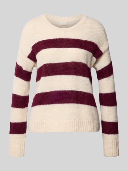 Produktfoto, Strickpullover mit Rundhalsausschnitt von Milano Italy in Creme mit breiten bordeauxfarbenen Streifen, grobe Textur, Regular Fit, Material-Mix mit Alpaka-Anteil