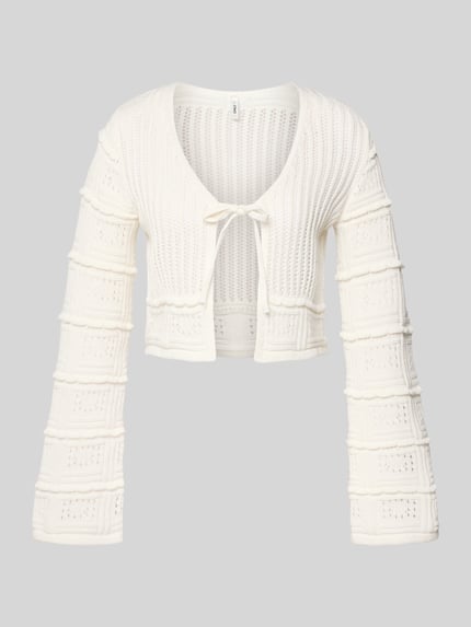 Produktfoto, Regular Fit Strickjacke aus Baumwoll-Mix Modell 'NATALIE' von Only in Creme, Ajour-Strick, Trompetenärmel, unifarben, Schnürverschluss