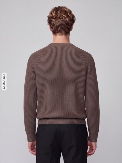 Männermodel trägt Regular Fit Pullover aus reiner Baumwolle Modell 'BRAUN' von Selected in Braun, Rippenstruktur, Ganzkörperansicht Rückansicht, KI-modifiziertes Bild.