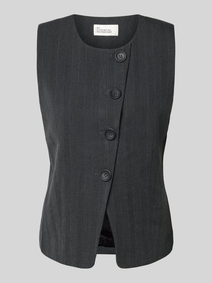 Productfoto, Weste met knoopsluiting model 'Luna' van My Essential Wardrobe, viscosemix, slim fit, ronde hals, antraciet met fijne strepen.