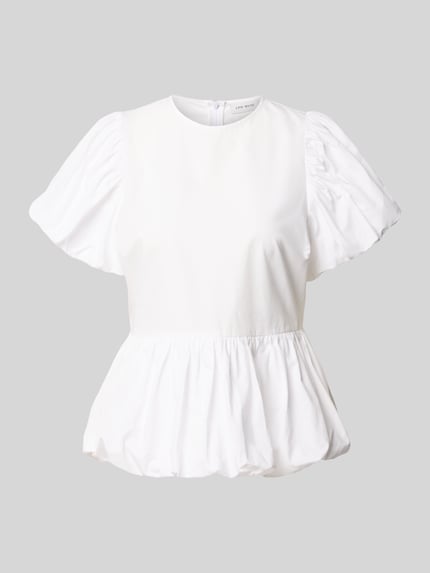 Produktfoto, Blusenshirt mit Puffärmeln von Copenhagen Muse, biała bawełna, taliowany krój, okrągły dekolt, bufiaste rękawy, marszczenia, zamek błyskawiczny z tyłu, długość tyłu w rozmiarze S: 58 cm, długość rękawów w rozmiarze S: 18 cm