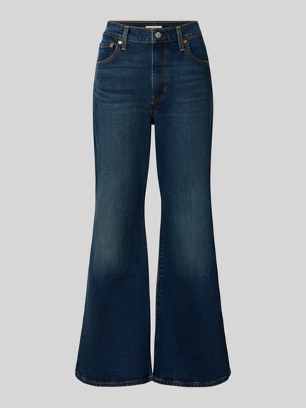 Produktfoto, donkerblauwe bootcut jeans met lichte wassingen, rechte vormen en gladde denimstructuur, Bootcut Jeans aus Baumwoll-Mix Modell 'RIBCAGE FLARE' van Levi's® 300, dames Bootcut-jeans