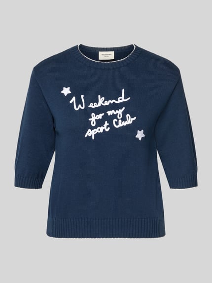Produktfoto, Regular Fit Strickshirt aus Baumwoll-Mix Modell 'WKDFIACRE' von Weekend Max Mara, dunkelblau mit weißem Schriftzug und Sternen, Damen Strickshirt von Max Mara