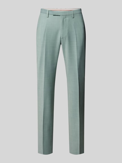Produktfoto, Anzughose mit französischen Eingrifftaschen von CINQUE, mieszanka materiałów z dodatkiem wełny owczej, krój straight fit, kanty, guzik, haftka i zamek błyskawiczny, wpuszczane kieszenie z przodu, kieszenie z wypustką z tyłu, szerokość w rozmiarze 50: 44 cm, długość wewnętrzna nogawki w rozmiarze 50: 82 cm, kolor jasna zieleń, jednolita faktura