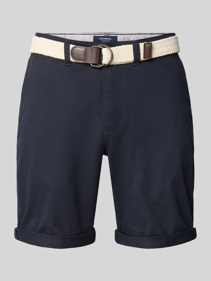Produktfoto, Bermudas mit Gürtel und Eingrifftaschen von MCNEAL, Dunkelblau, Baumwoll-Mix mit Stretch-Anteil, Straight Fit, Knopf- und Reißverschluss, Saum mit Aufschlag, Gesäßleistentaschen, Bundweite 46 cm, Innenbeinlänge 20 cm, Größe M.