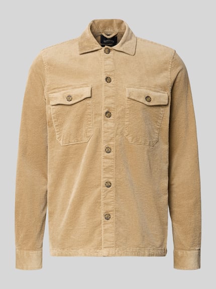 Produktfoto, Regular Fit Hemdjacke aus elastischem Baumwoll-Mix in Kord-Optik von Lerros, mieszanka bawełny i elastanu, krój regular fit, kołnierzyk typu kent, listwa guzikowa, kieszenie na piersi, długość tyłu w rozmiarze M: 73 cm, kolor beżowy, drobny prążkowany wzór, miękka struktura