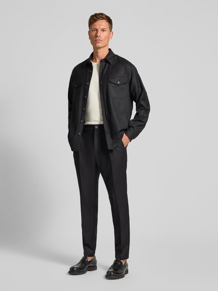 Cruna Regular fit overshirt van scheerwol met klepzakken Zwart - 1