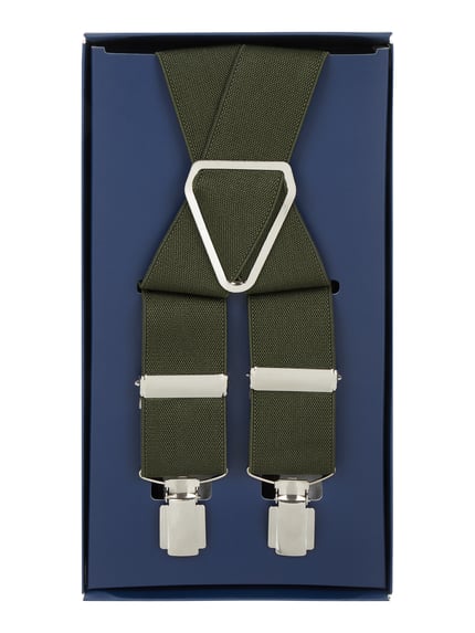 Produktfoto, Hosenträger in Y-vorm van Willen, heren bretels, materiaalmix met stretch, breedte 3,5 cm, klapsluiting, donkergroen, zilveren details.