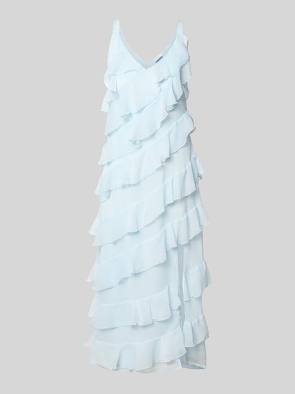 Produktfoto, jasnoniebieskie Midikleid mit Volants Modell 'LUNA' od Vila, fason A-linii, ramiączka z wiązaniem, długość tyłu 115 cm, szerokość w rozmiarze 36: 43 cm, tekstura zwiewna, miękka