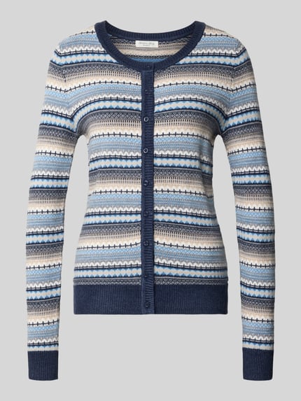 Produktfoto, Strickjacke aus Viskose-Mix im Allover-Look von Christian Berg Woman, Slim Fit, Rundhalsausschnitt, Knopfleiste, blau-beige Muster