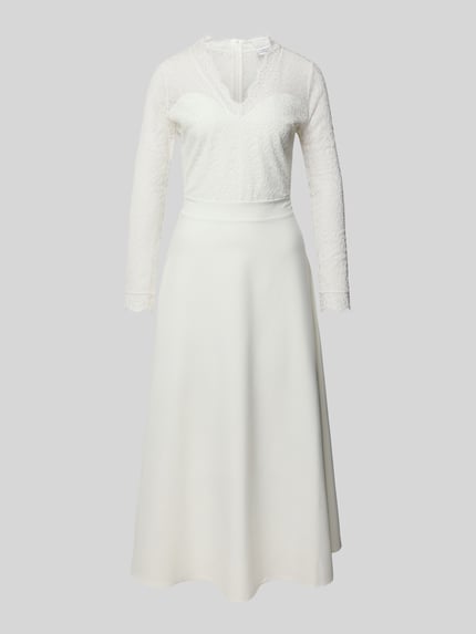 Produktfoto, Brautkleid mit V-Ausschnitt Modell 'Joanna' von Guido Maria Kretschmer, weiß, Spitze-Oberteil, blickdichter Rock, Elastischer-Material-Mix, taillierte Passform, Langärmelig, rückseitiger Nahtreißverschluss, Hochzeitsmode