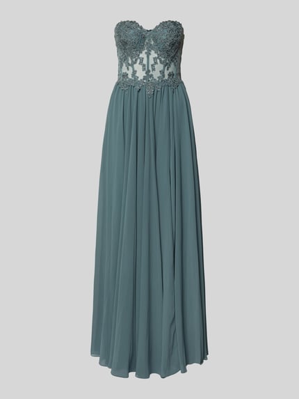 Produktfoto, Abendkleid mit Spitze und Gehschlitz von Mascara, Taillierter Schnitt, Maxikleid, Herz-Ausschnitt, semitransparentes Design, Strasssteinbesatz, Rückseitiger Haken-Reißverschluss, Gehschlitz, Rückenlänge bei Größe 36: 132 cm, Brustweite bei Größe 36: 33 cm, fließender Stoff in Blaugrün, matte und glänzende Texturen, elegante Optik.