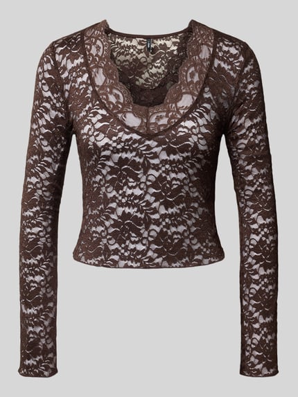 Produktfoto, braunes Slim Fit Langarmshirt in Spitzen-Mesh-Optik Modell 'NIKKA' von ONLY, Damen Langarmshirt, florales Muster
