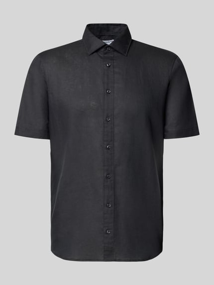 Produktfoto, Slim Fit Freizeithemd aus Leinen-Mix von Jake*s mit Kentkragen, Kurzarm, schwarz, glatte Textur, moderne Passform, klassische Knopfleiste